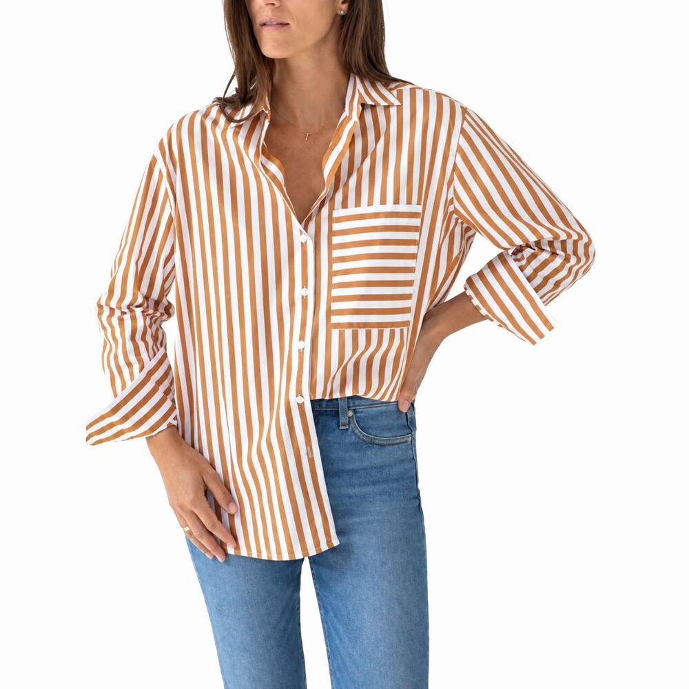 AYR Womens Top Brown The Deep End Striped Button Down Shirt Long Sleeve Small